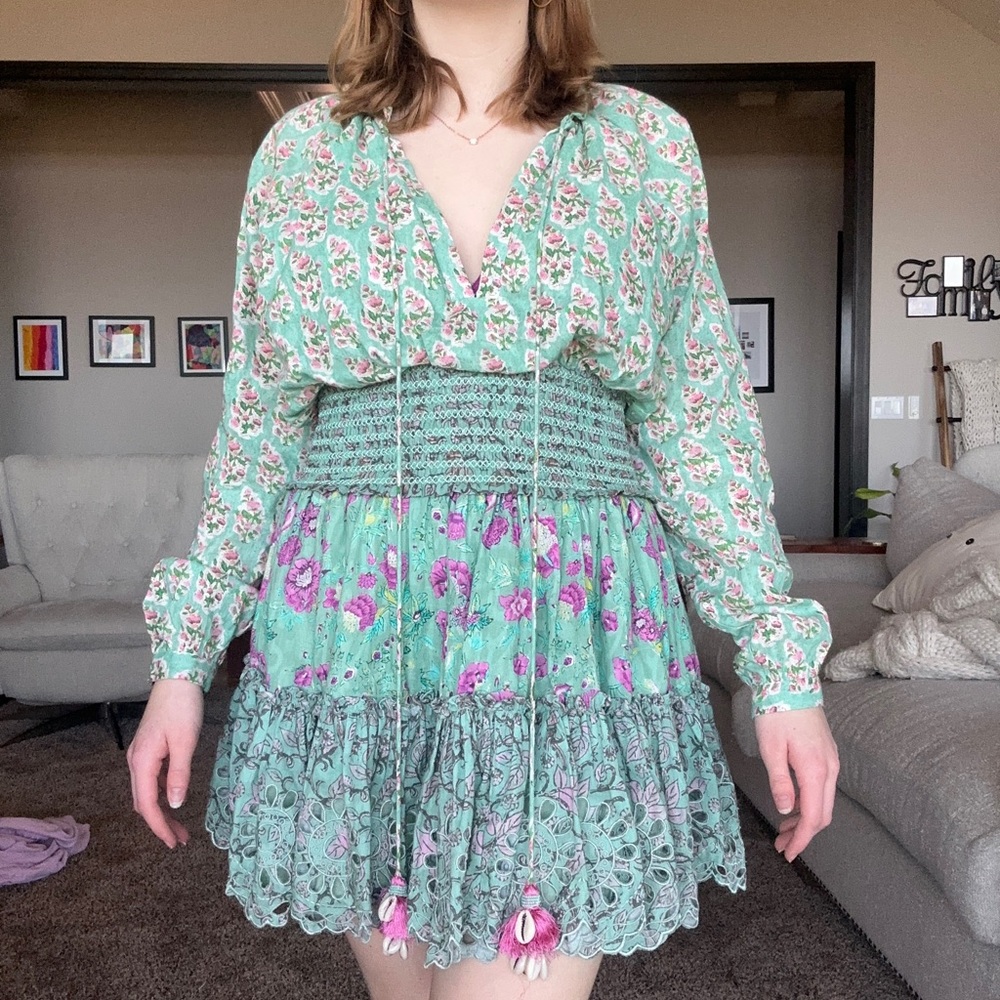 Green and pink v-neck puff sleeve floral dress 
* Soft light fabric